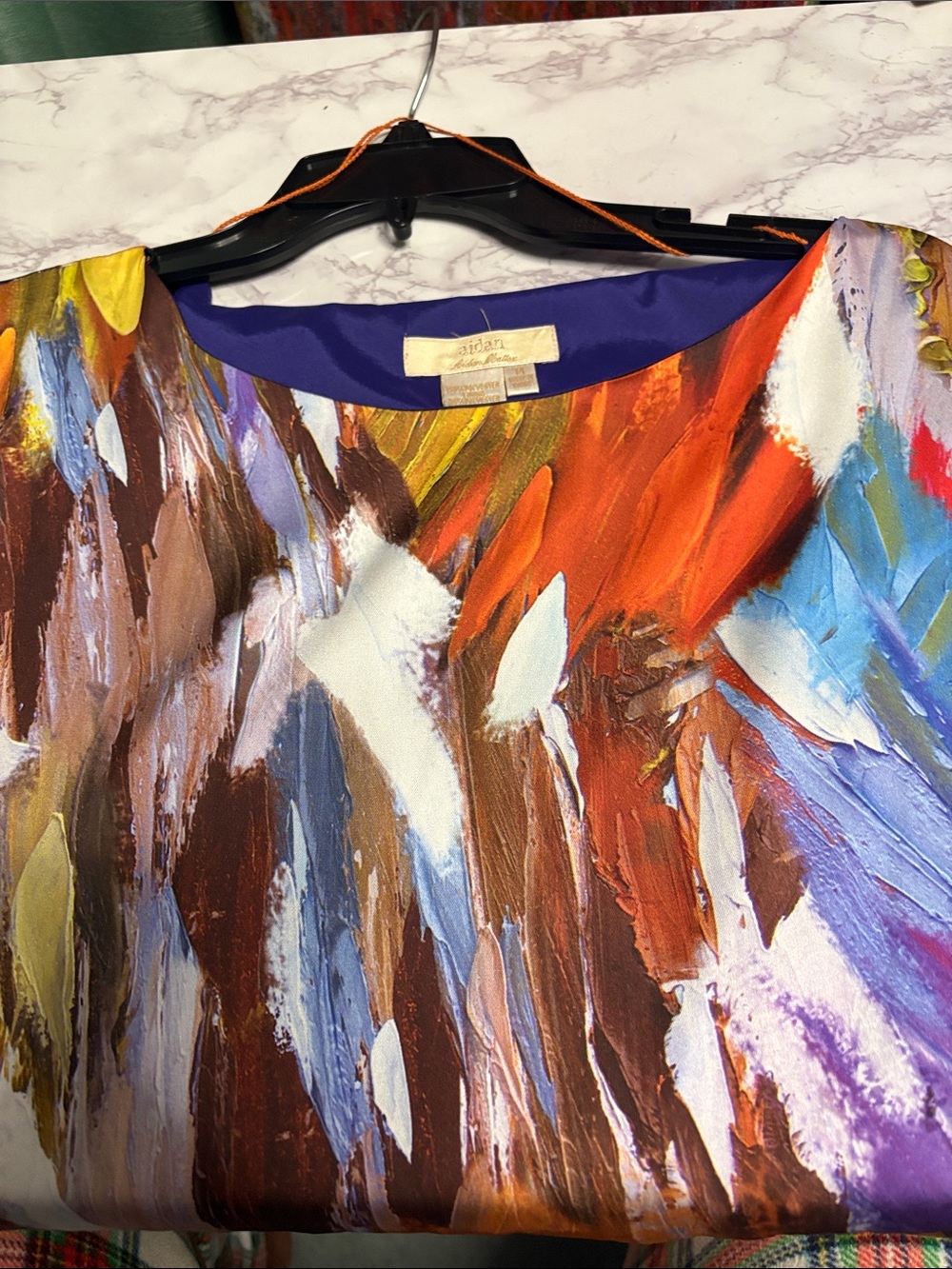 Aidan Mattox Vibrant Abstract Brushstroke Dress in Orange, Brown & Blue